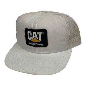 Vintage Cat Caterpillar Trucker SnapBack Hat Cap White 90s Patch USA Made
